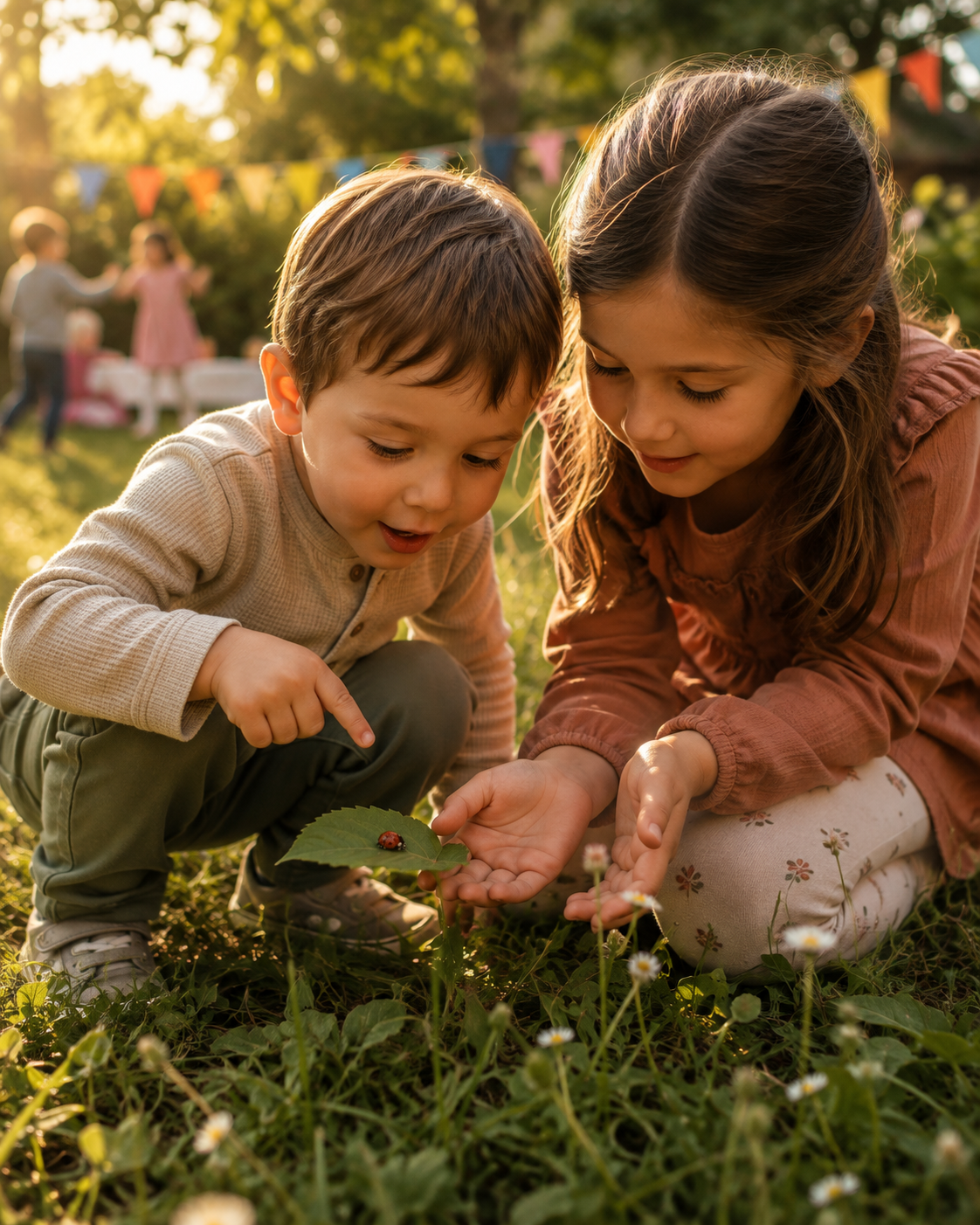 Des enfants explorent la nature ensemble dans un environnement extérieur simple et chaleureux.