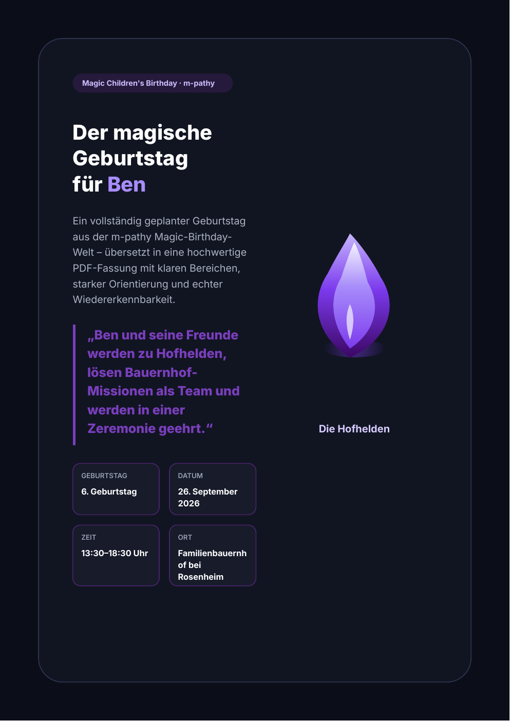 Titelseite von Bens Magic Children's Birthday Plan, Die Hofhelden.