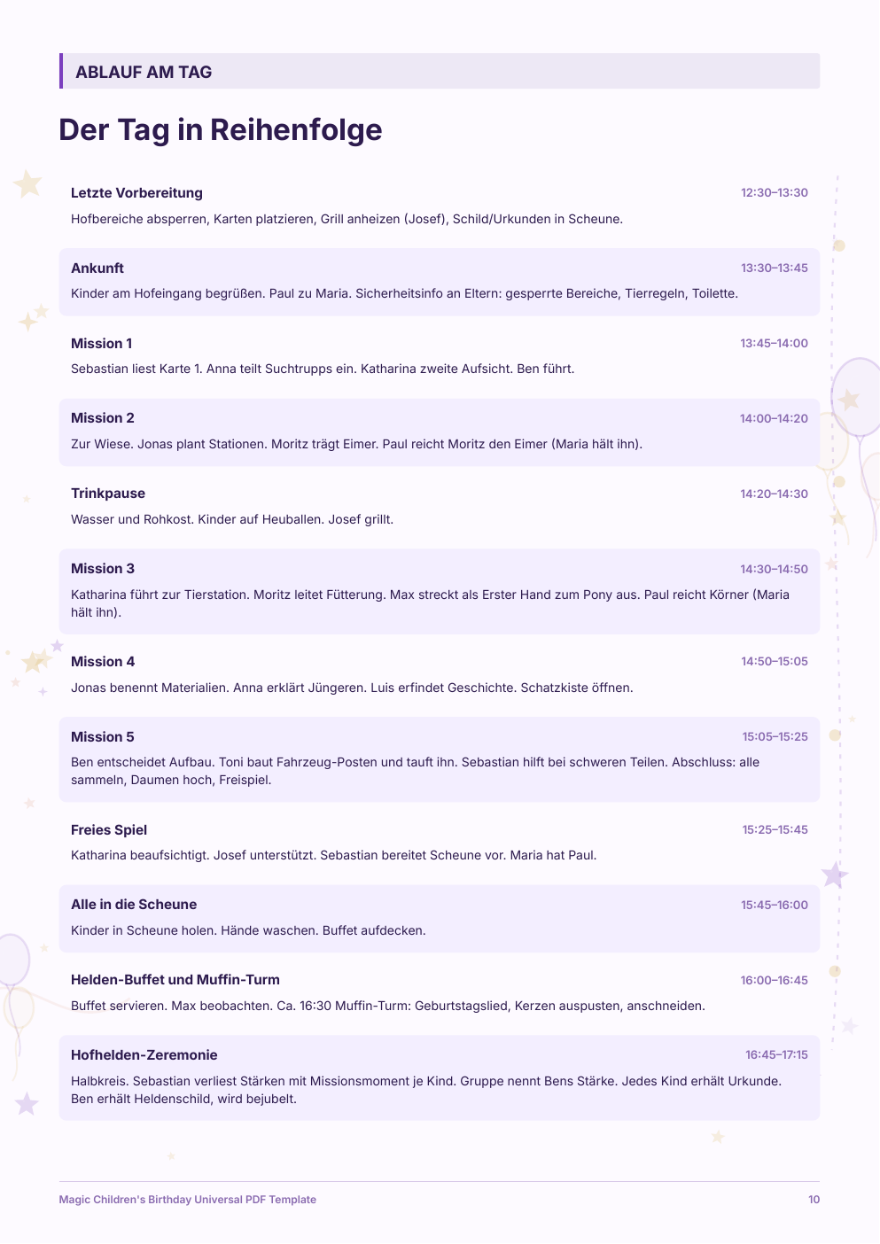Detaillierte Tagesablauf-Seite aus Bens Magic Children's Birthday Plan.