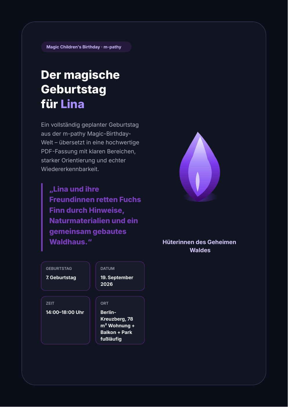 Titelseite von Linas Magic Children's Birthday Plan, Die Hüter des geheimen Waldes.