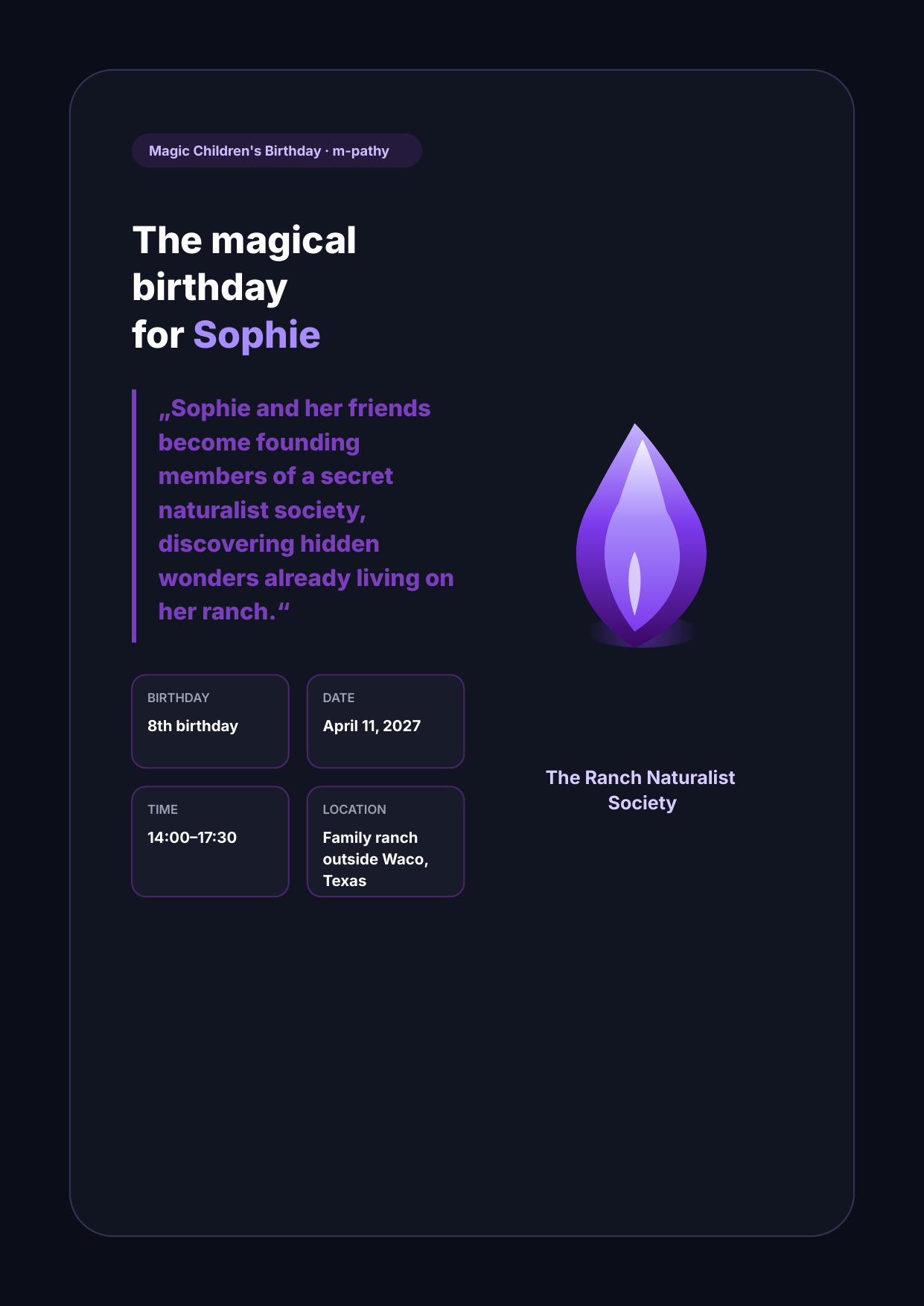 Cover page of Sophie's Magic Children's Birthday plan, The Ranch Naturalist Society.