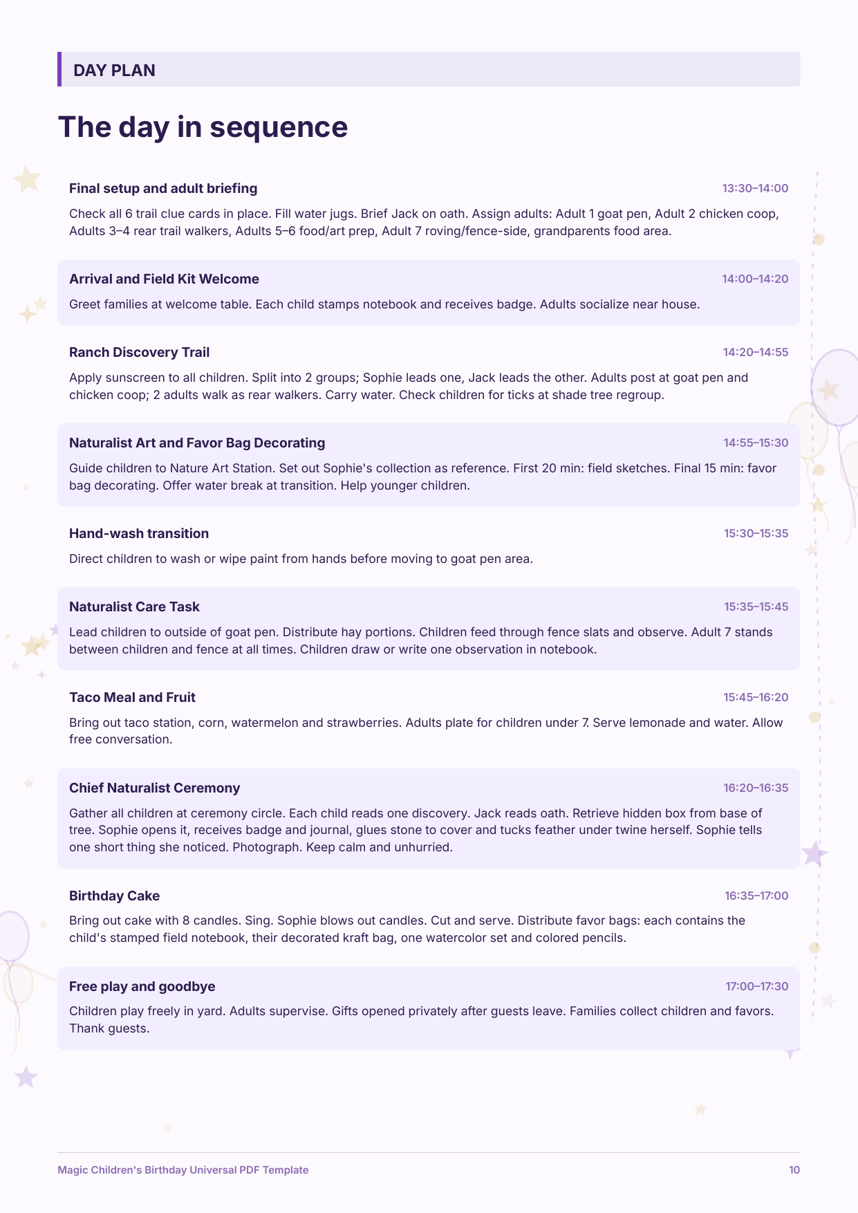Day plan page from Sophie's Magic Children's Birthday plan.